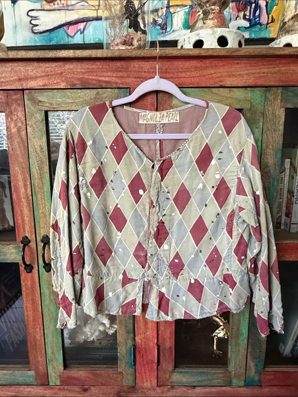 Magnolia Pearl Women's Diamond-Pattern Red & Cream Top